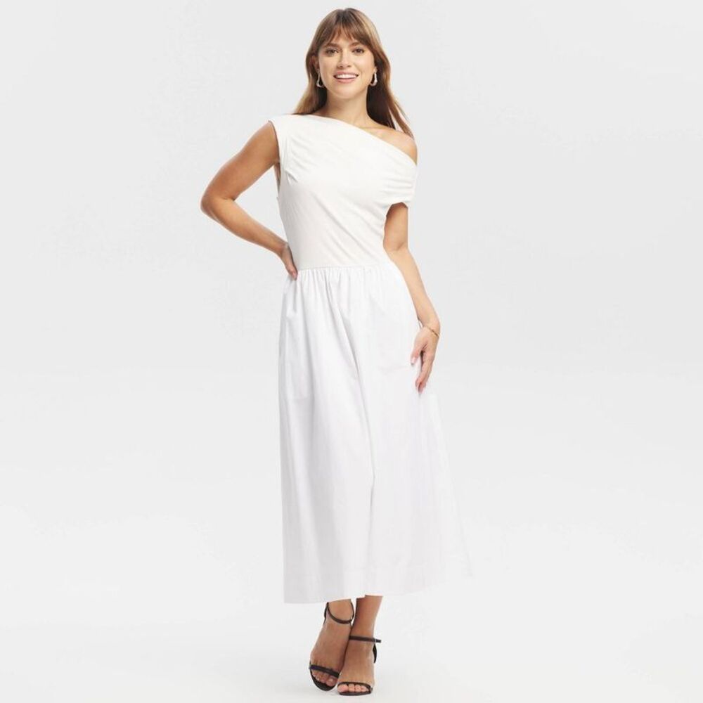 Women's Fabric Mixed Midi A-Line Dress - White L